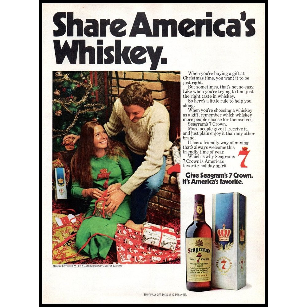1974 Seagram's Seven 7 Crown Whiskey Vintage Print Ad Christmas Morning Tree Art